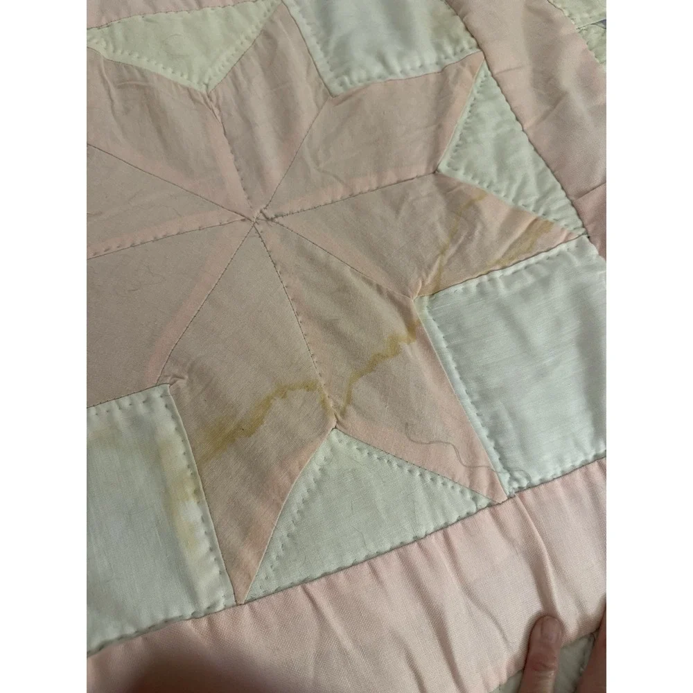 Vintage Eight Point Star Handmaid Pieced Hand Quilted Blue & Pink Patchwork